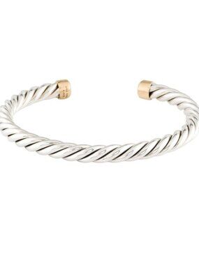 DAVID YURMAN TWO-TONE STERLING SILVER & 18K 750 YELLOW GOLD CABLE CUFF BRACELET